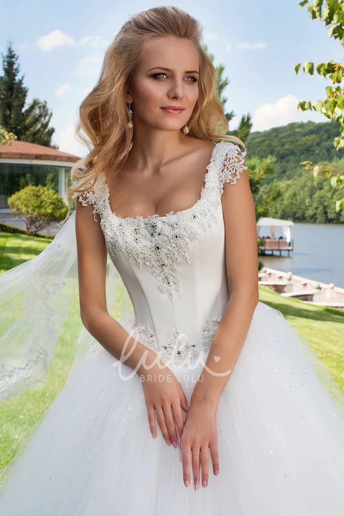Beaded Cap-Sleeve Tulle Wedding Dress with Corset Back Square Neckline Bridal Gown