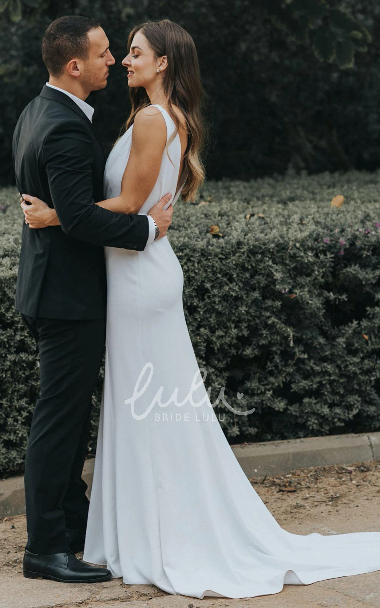 Romantic Plunging Neckline Satin Beach Wedding Dress with Deep-V Back Mermaid