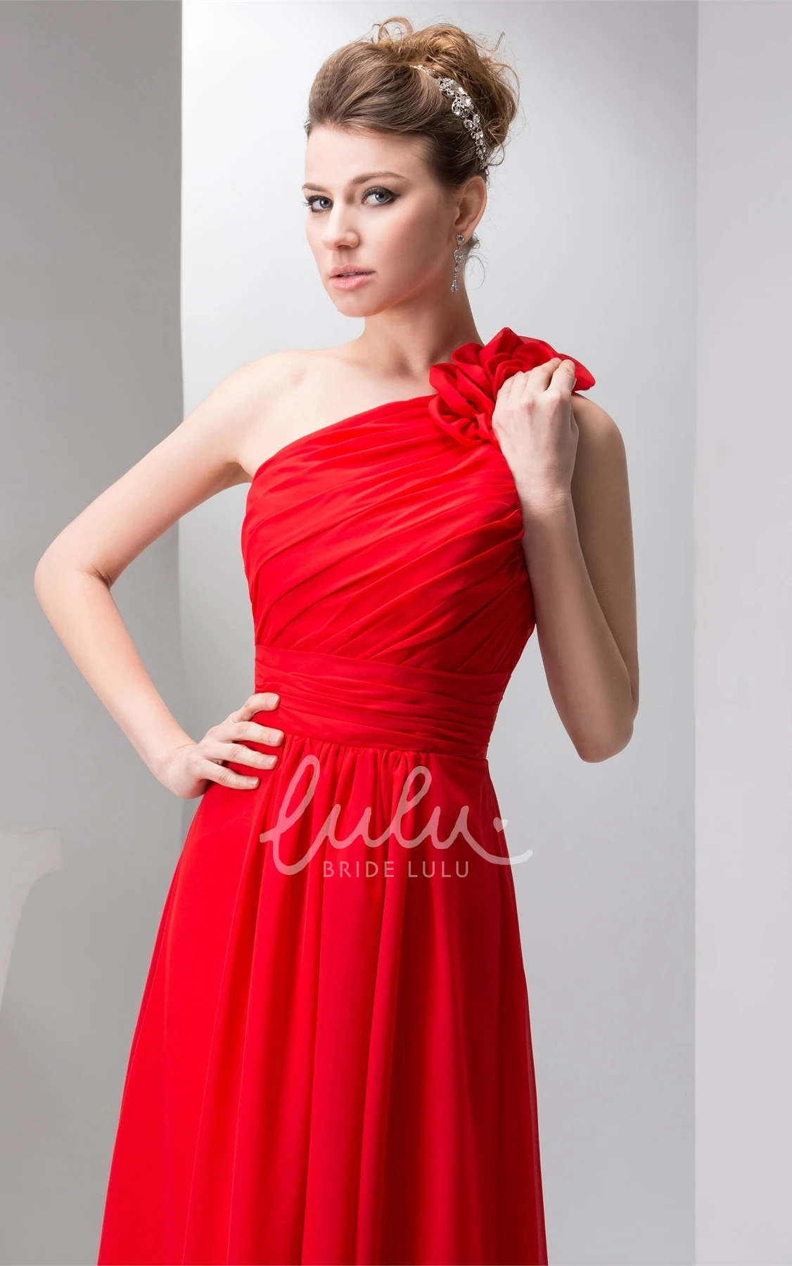 One-Shoulder Maxi Prom Dress with Floral Epaulet and Ruching