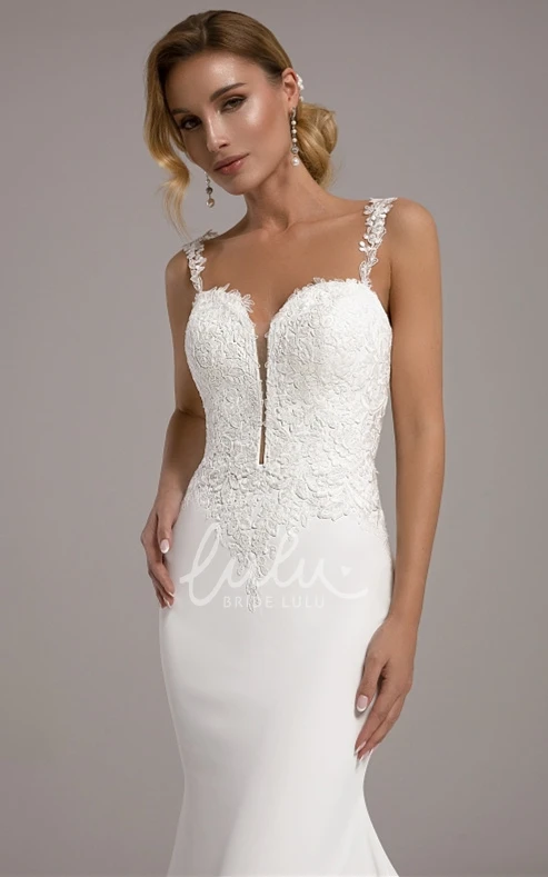 Mermaid Satin Plunging Neck Wedding Dress with Appliques Simple Satin Mermaid Wedding Dress with Appliques