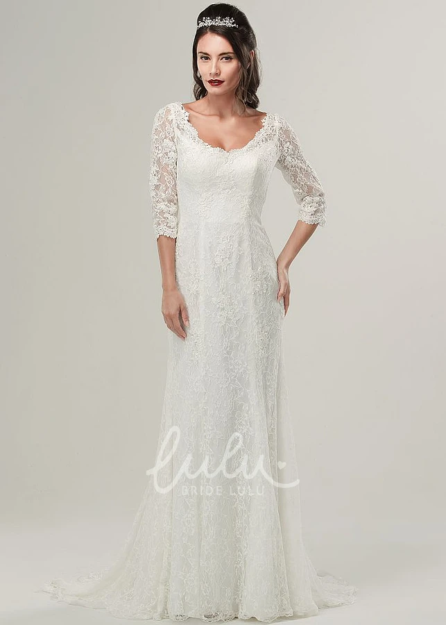 Half Sleeve Lace Wedding Dress with V-Neck and Brush Train Flowy Bridal Gown