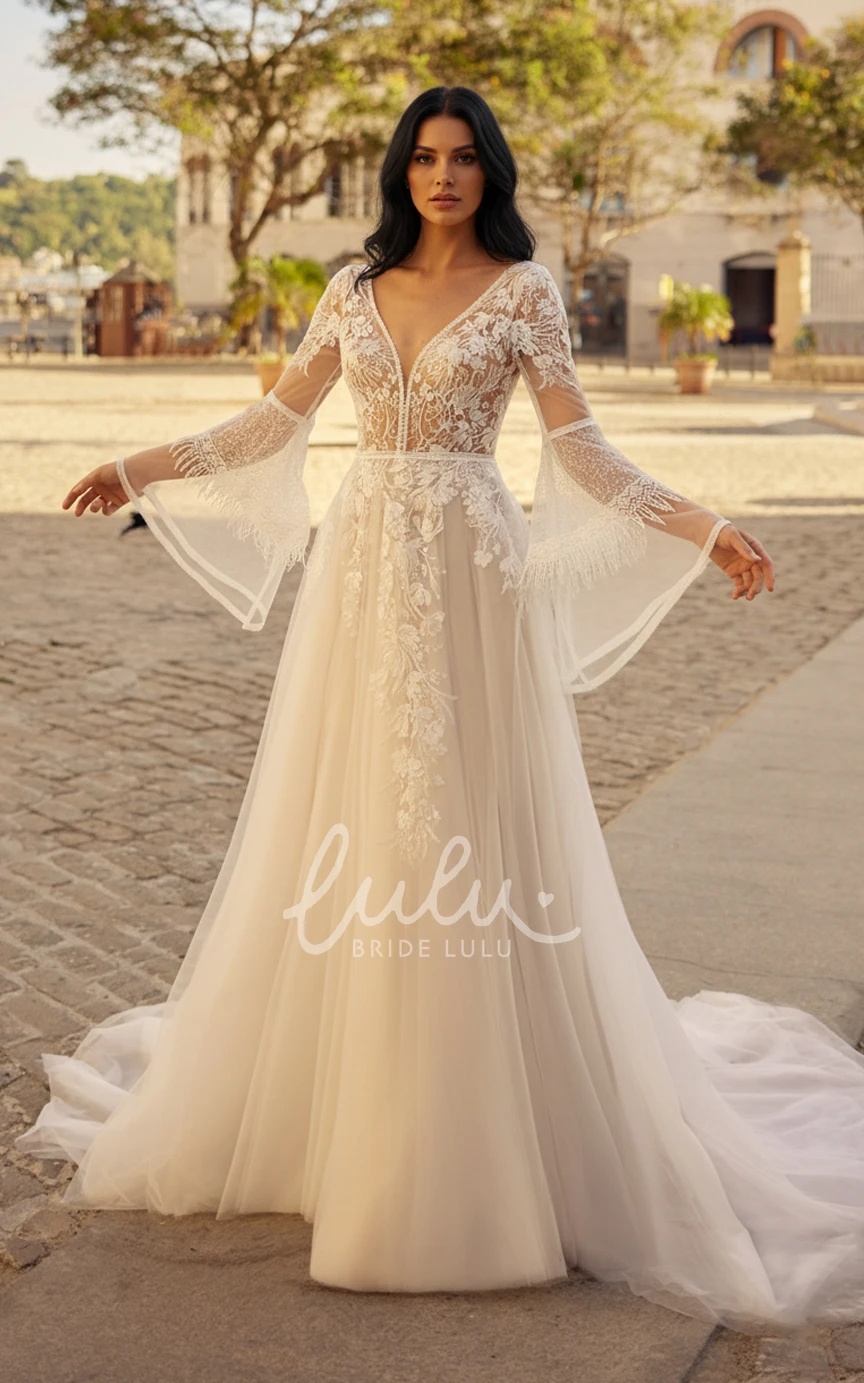 Elegant Boho A-Line V-Neck Wedding Dress with Lace Appliques and Bell Sleeves Backless Tulle Bridal Gown for Garden Ceremony