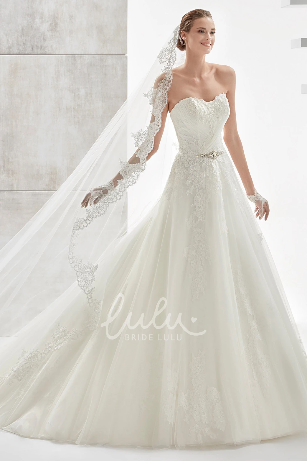 A-line Spring Wedding Dress with Beaded Belt and Lace-up Back