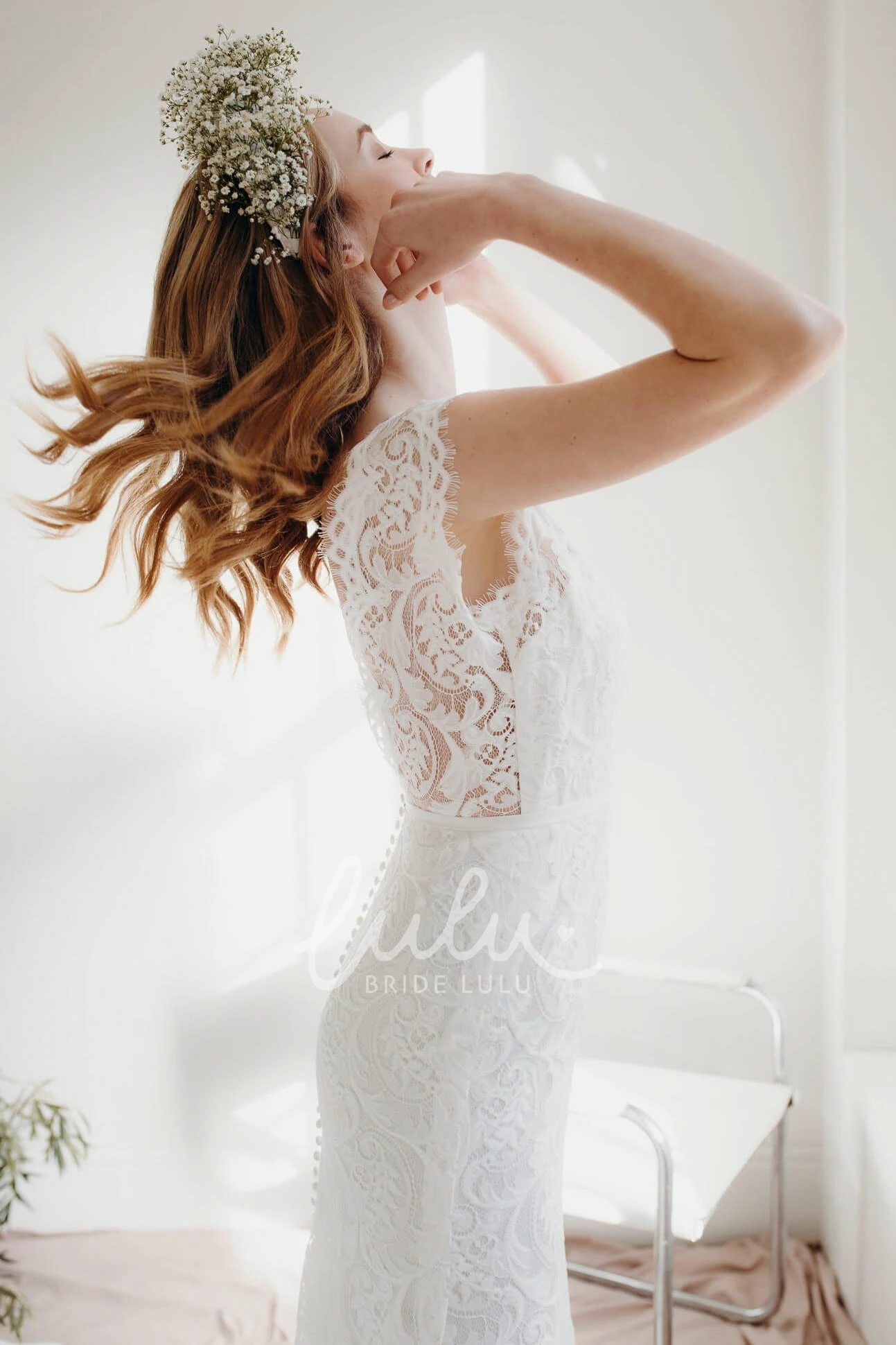 Lace Sheath Deep V-neck Wedding Dress with Cap Sleeves and Court Train