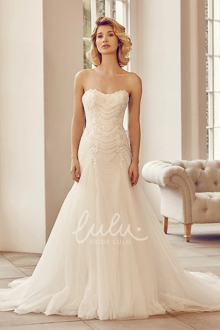 Beaded Strapless Tulle Wedding Dress with Court Train and Lace-Up Boho