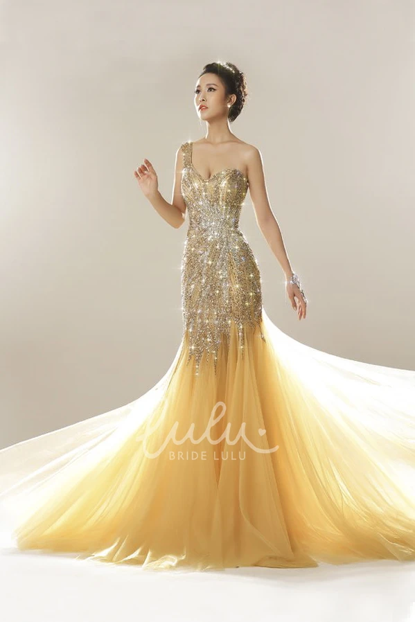 Luxury Tulle Mermaid Formal Dress with One Shoulder and Open Back