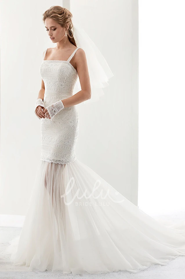 Lace Sheath Wedding Dress with Square Neckline and Detachable Tulle Bottom
