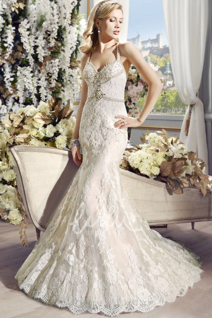 Beaded Lace V-Back Wedding Dress Long Straps Court Train