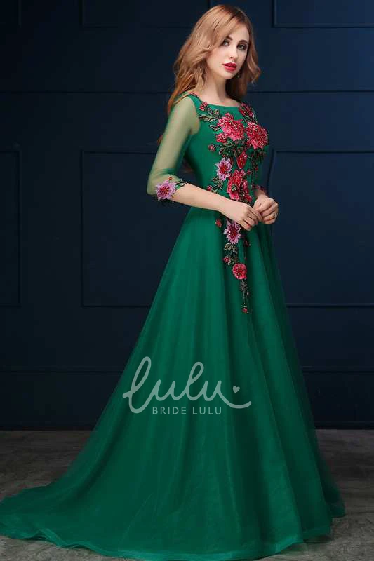 Illusion Sleeve A-line Organza Bridesmaid Dress 3-4 Sleeve Bateau Neck