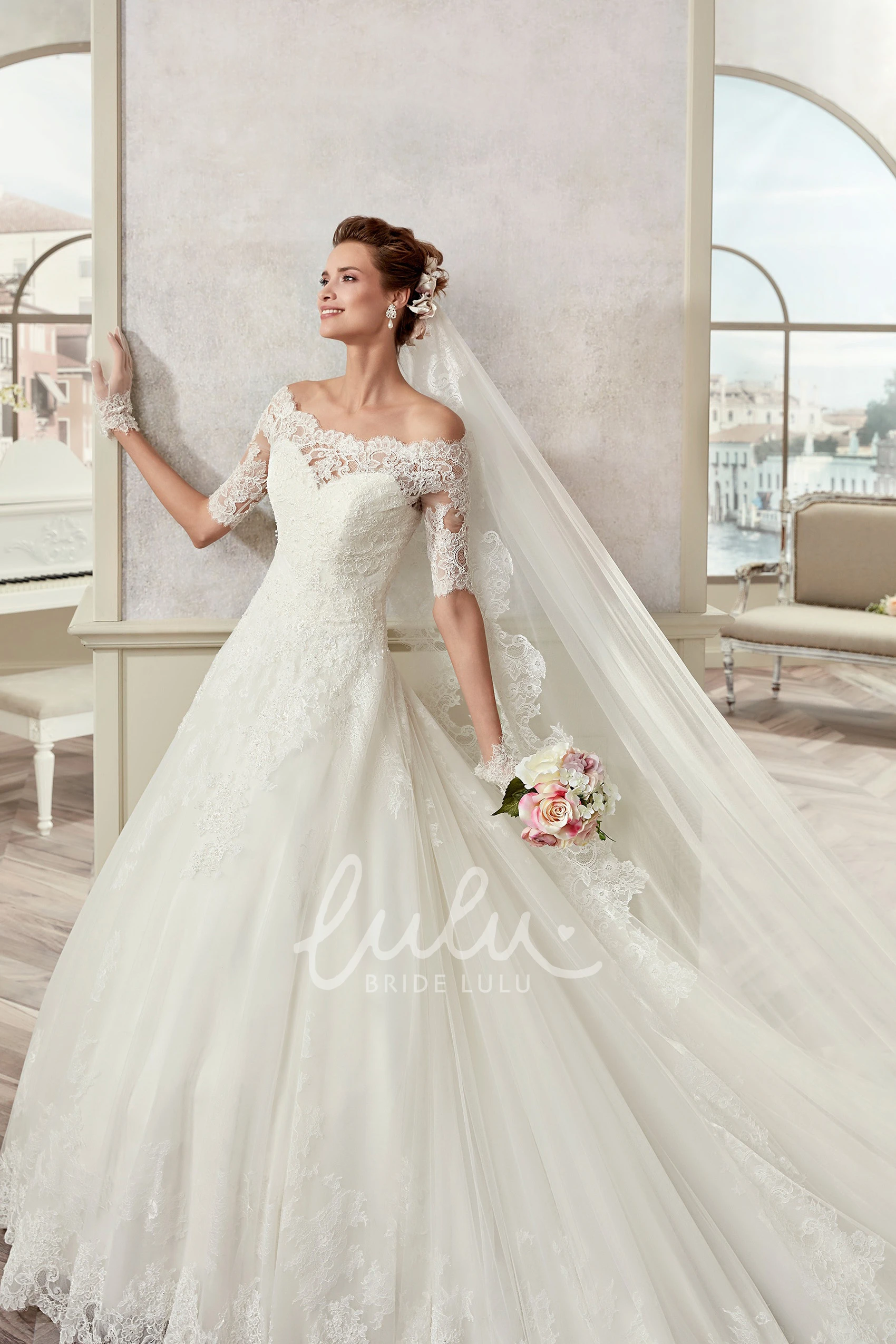 A-Line Bridal Gown with Scalloped Neckline and Half Sleeves Off-Shoulder