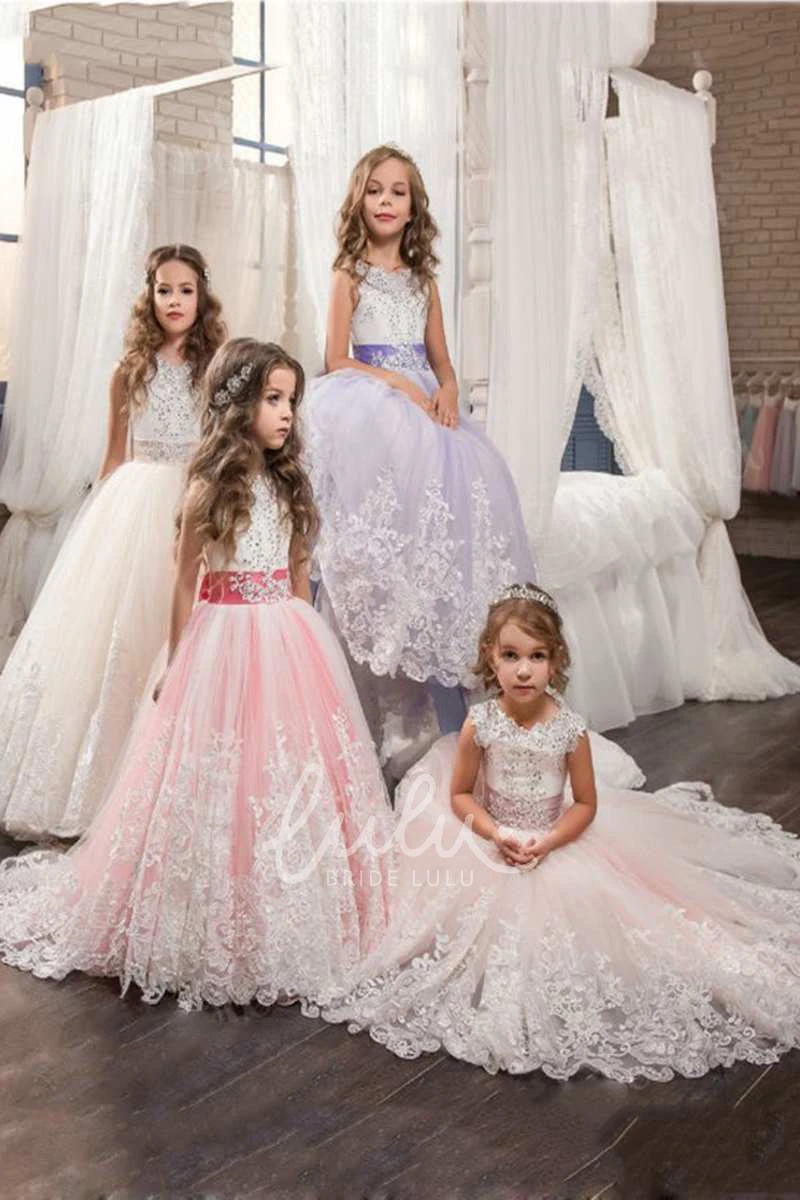 Floor-length Tulle Wedding Dress with Bow Ball Gown Sleeveless Scoop