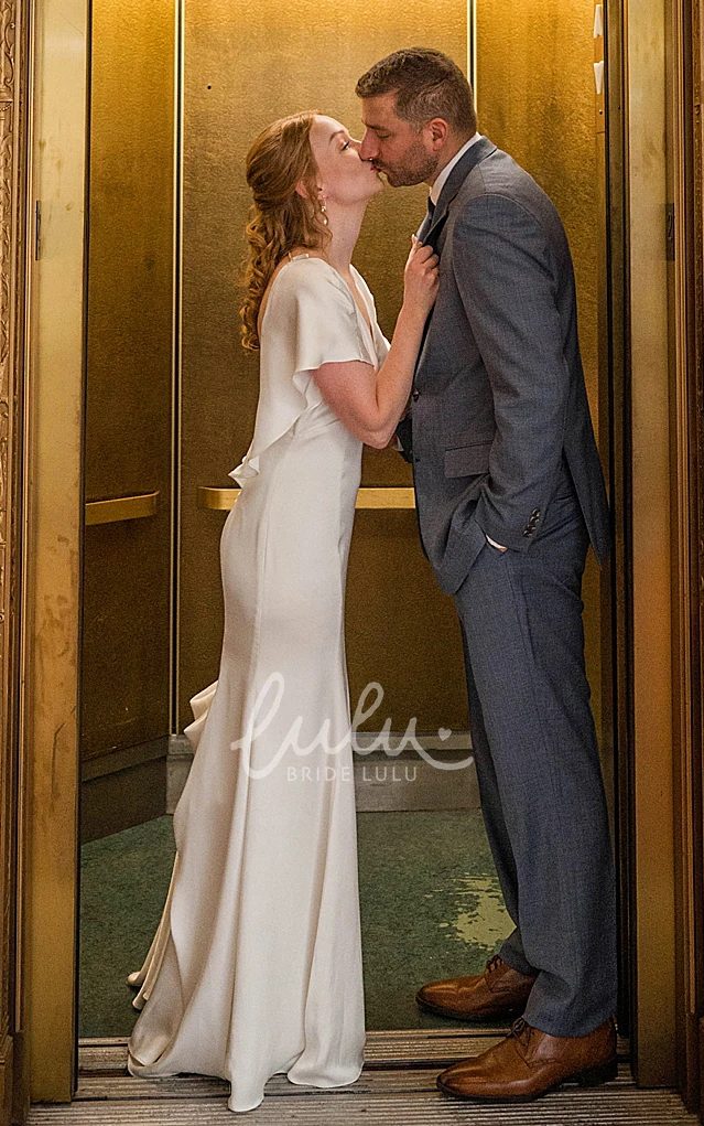 Simple White Bat Sleeve Casual Plunging Neckline Sheath Winter Wedding Dress with Long Train