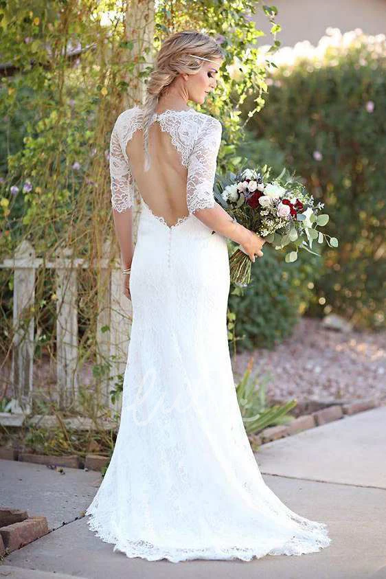 Illusion Sleeve Satin Lace Wedding Dress with Keyhole Modern Satin Lace Wedding Dress
