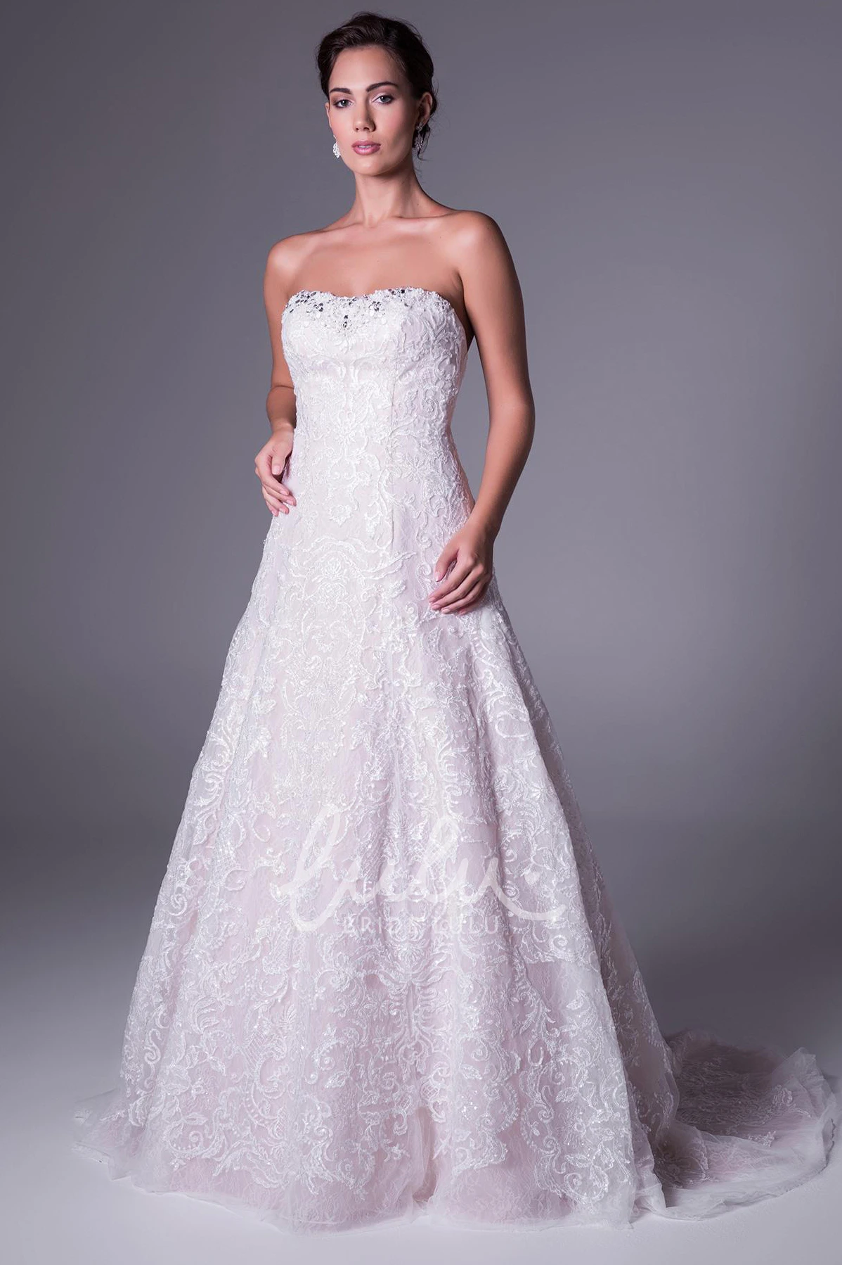 Lace A-Line Wedding Dress with Beading Strapless Deep-V Back Elegant