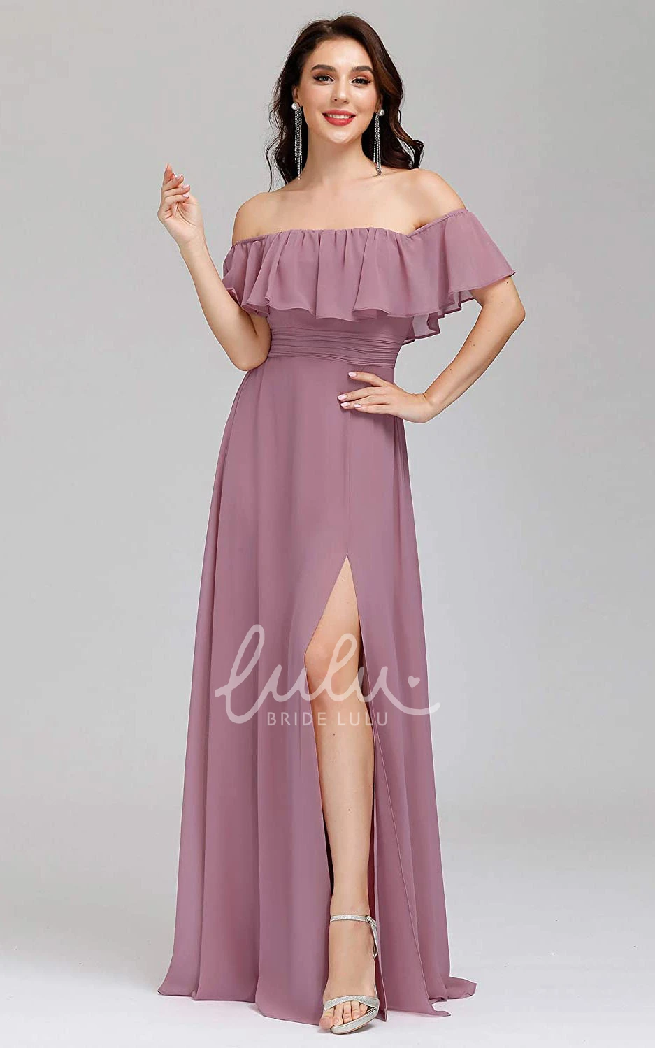 Off-the-Shoulder Chiffon A-Line Evening Dress with Ruffles Simple & Chic