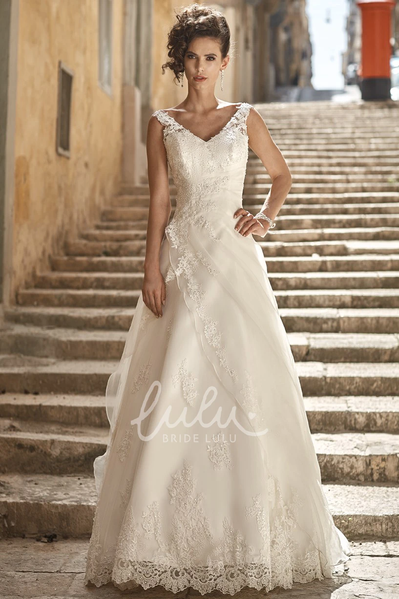 Satin&Lace A-Line Wedding Dress with V-Neck and Side Draping Modern Wedding Dress