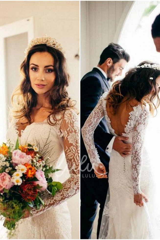 Long Sleeve V-Neck Lace A-Line Wedding Dress with Low-V Back
