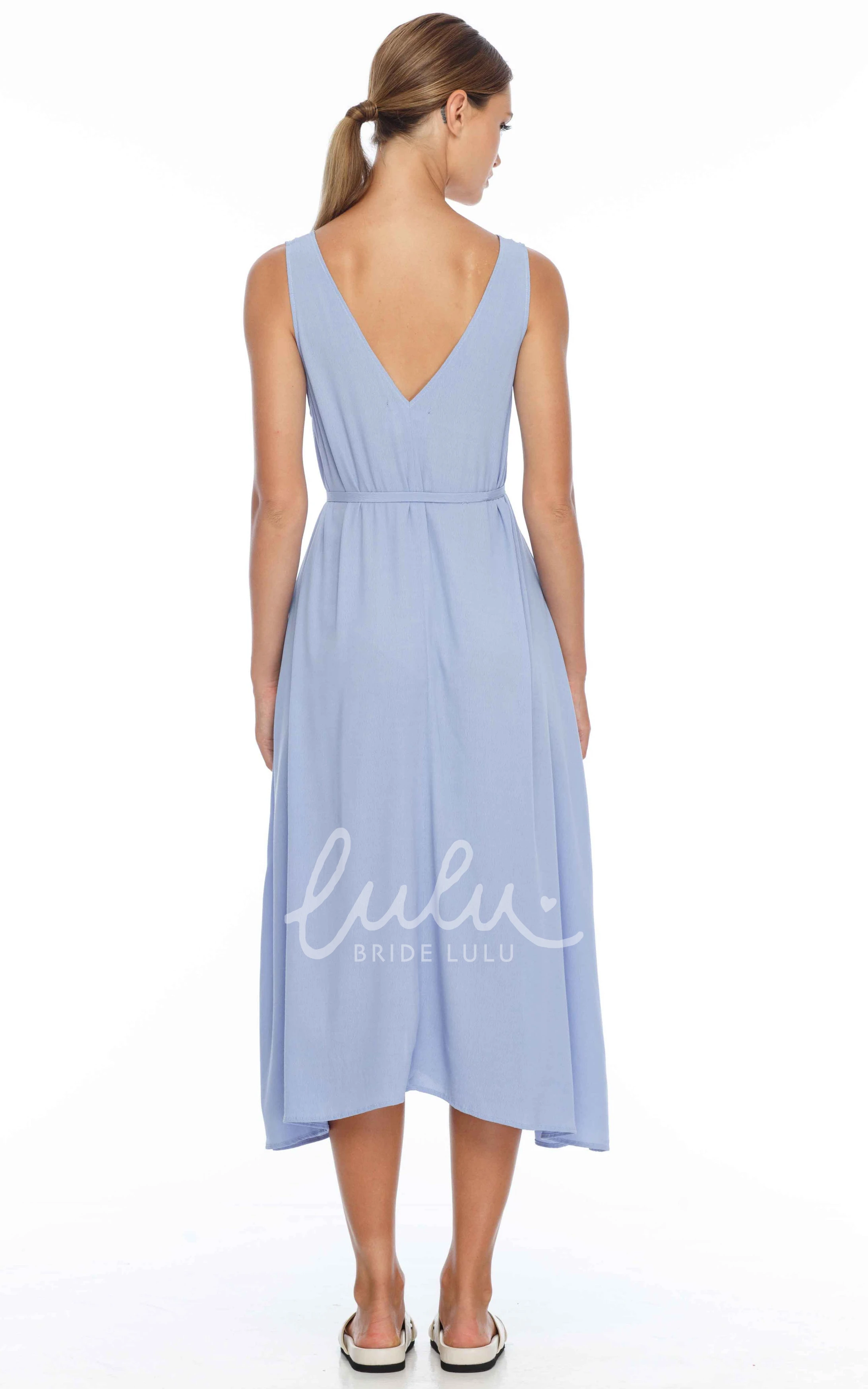 Charmeuse V-neck Bridesmaid Dress with Low-V Back and Sash Casual Bridesmaid Dress
