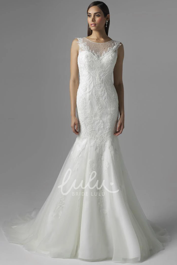 Lace&Tulle Mermaid Wedding Dress with Beading and Illusion Sleeveless Scoop-Neck