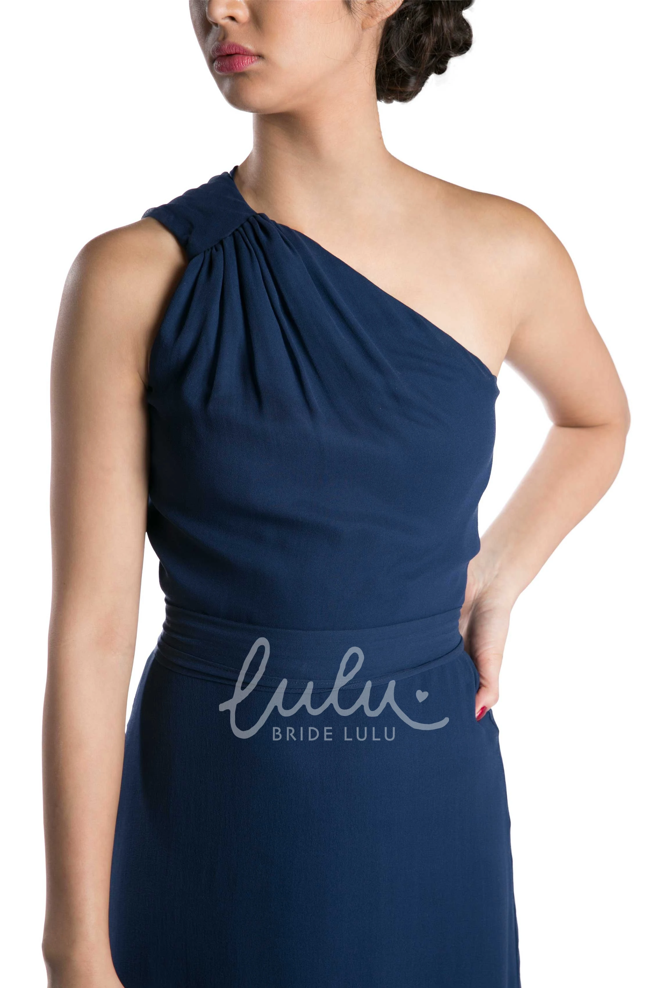 One-Shoulder Knee-Length Chiffon Bridesmaid Dress in Multi-Color Bow Detail