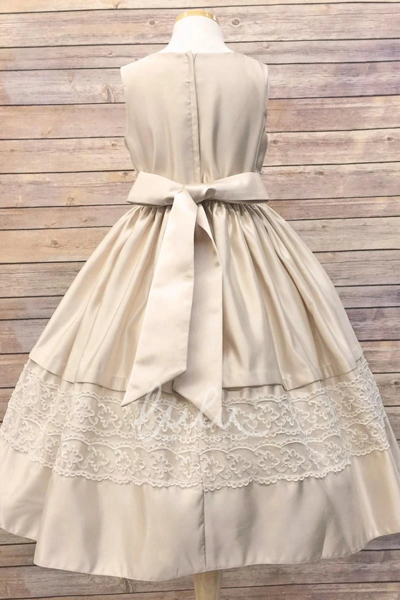 Sequined Tulle and Lace Flower Girl Dress with Tiered Skirt Tea-Length