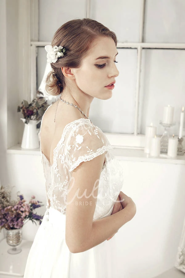 Embroidered V-Neck Chiffon Sheath Wedding Dress with Cap-Sleeves