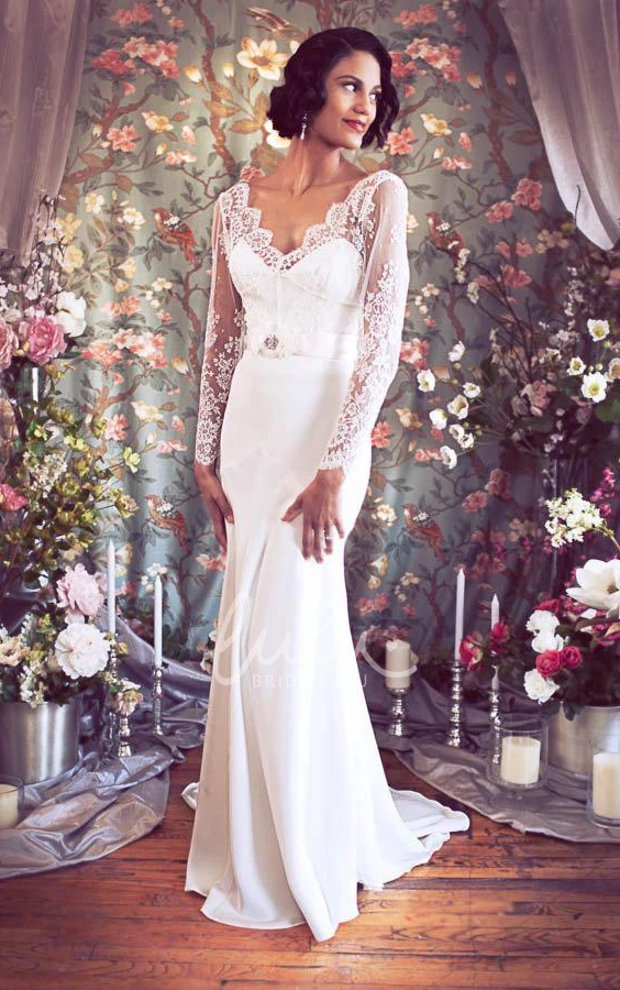 Satin Warm Wedding Dress with Sash and Flower V-Neck Low-V Back Sheath Modern