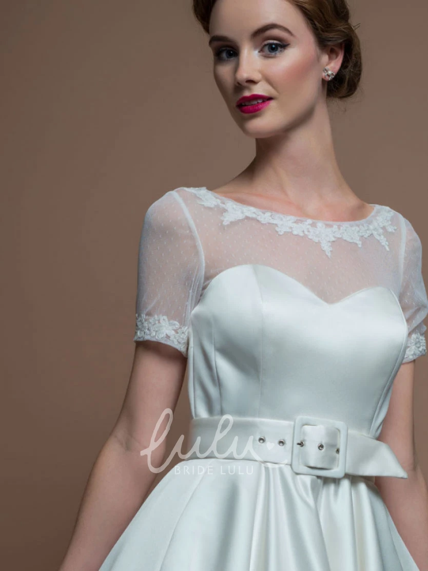 Short-Sleeve Scoop-Neck Satin A-Line Wedding Dress with Illusion and Tea-Length