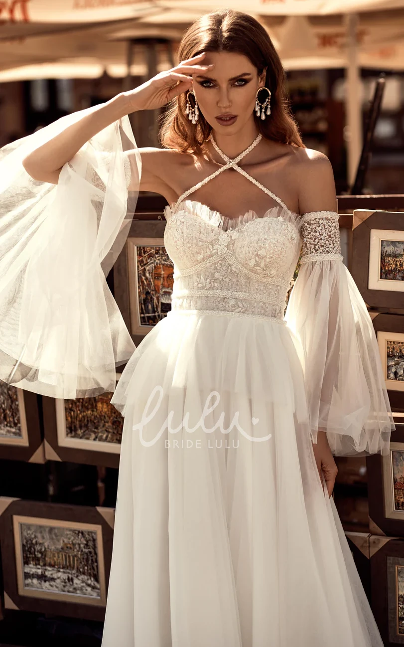 Ethereal A-Line Lace Sweep Train Country Wedding Dress Lace with Long Sleeve