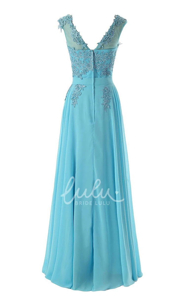 Low-V Back Formal Dress with Flower Appliques and Full Length