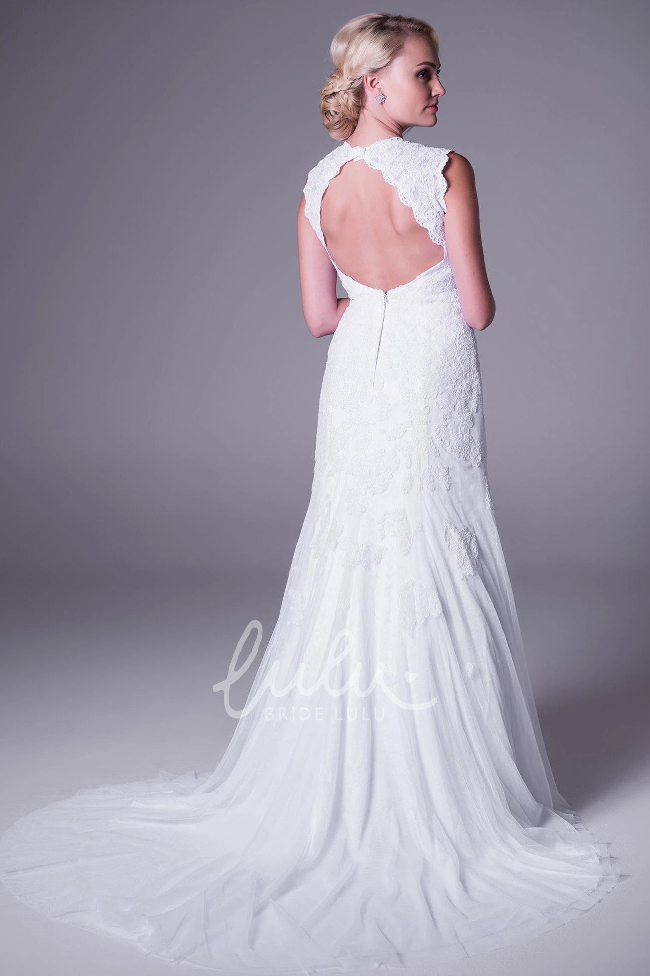 Lace Applique Queen Anne Wedding Dress Court Train Maxi Keyhole