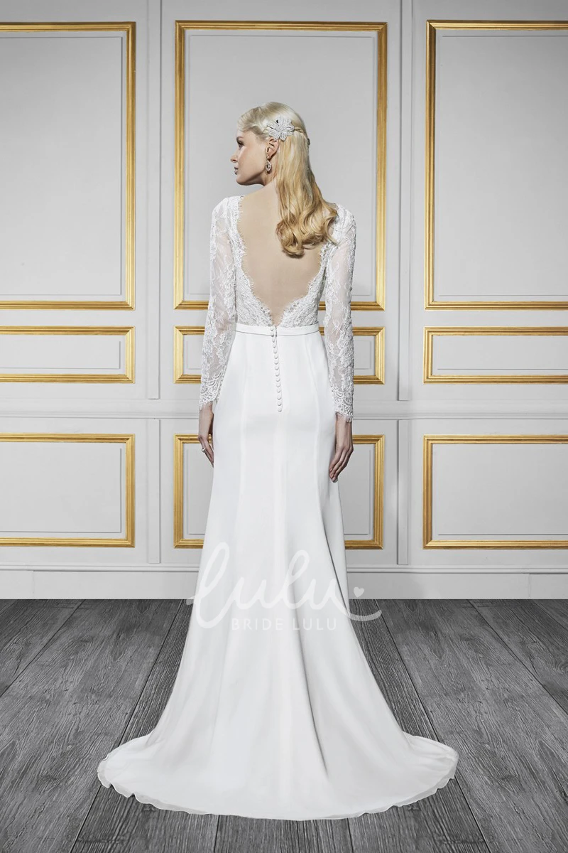 Chiffon Appliqued Long-Sleeve Bateau Wedding Dress with V Back and Sweep Train