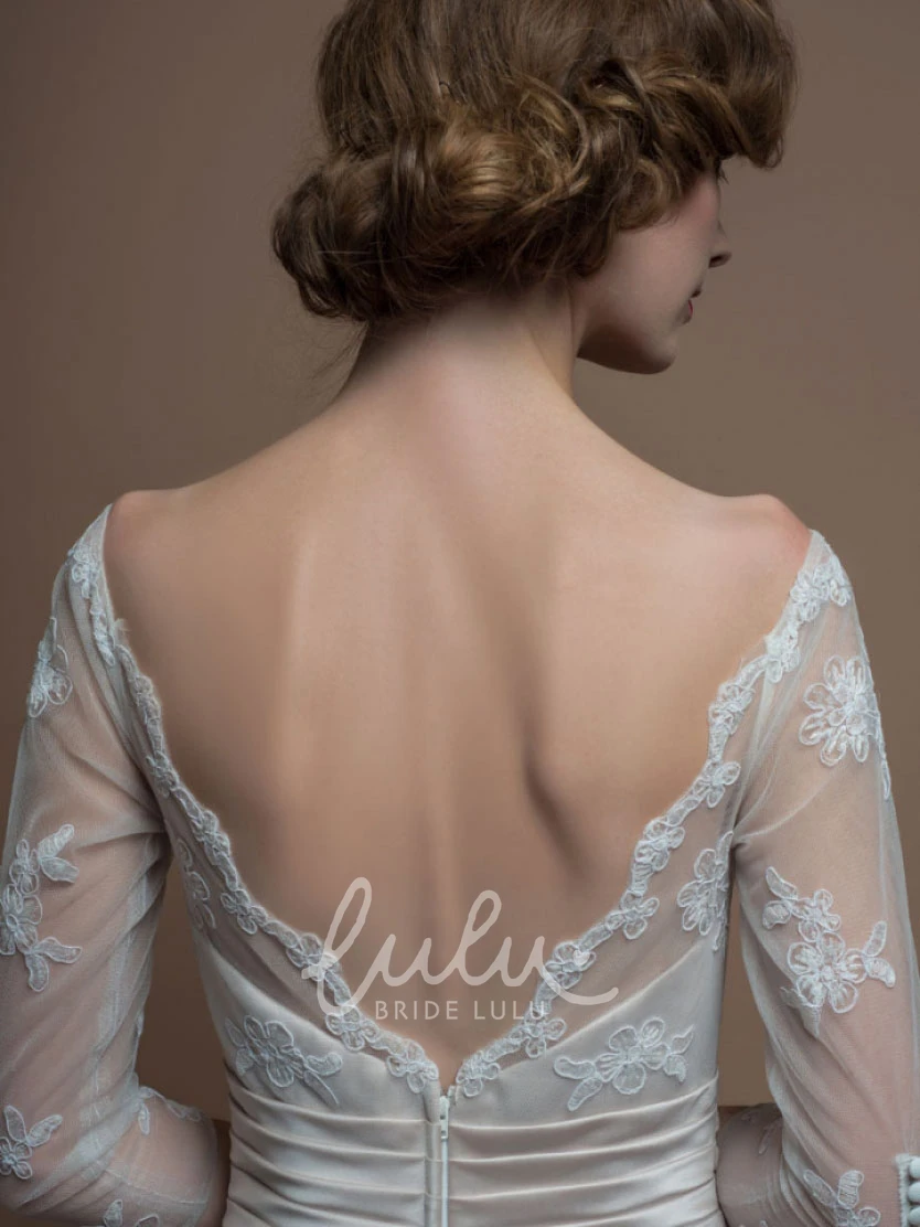 Bateau-Neck Tulle A-Line Wedding Dress with Appliques and 3-4 Sleeves