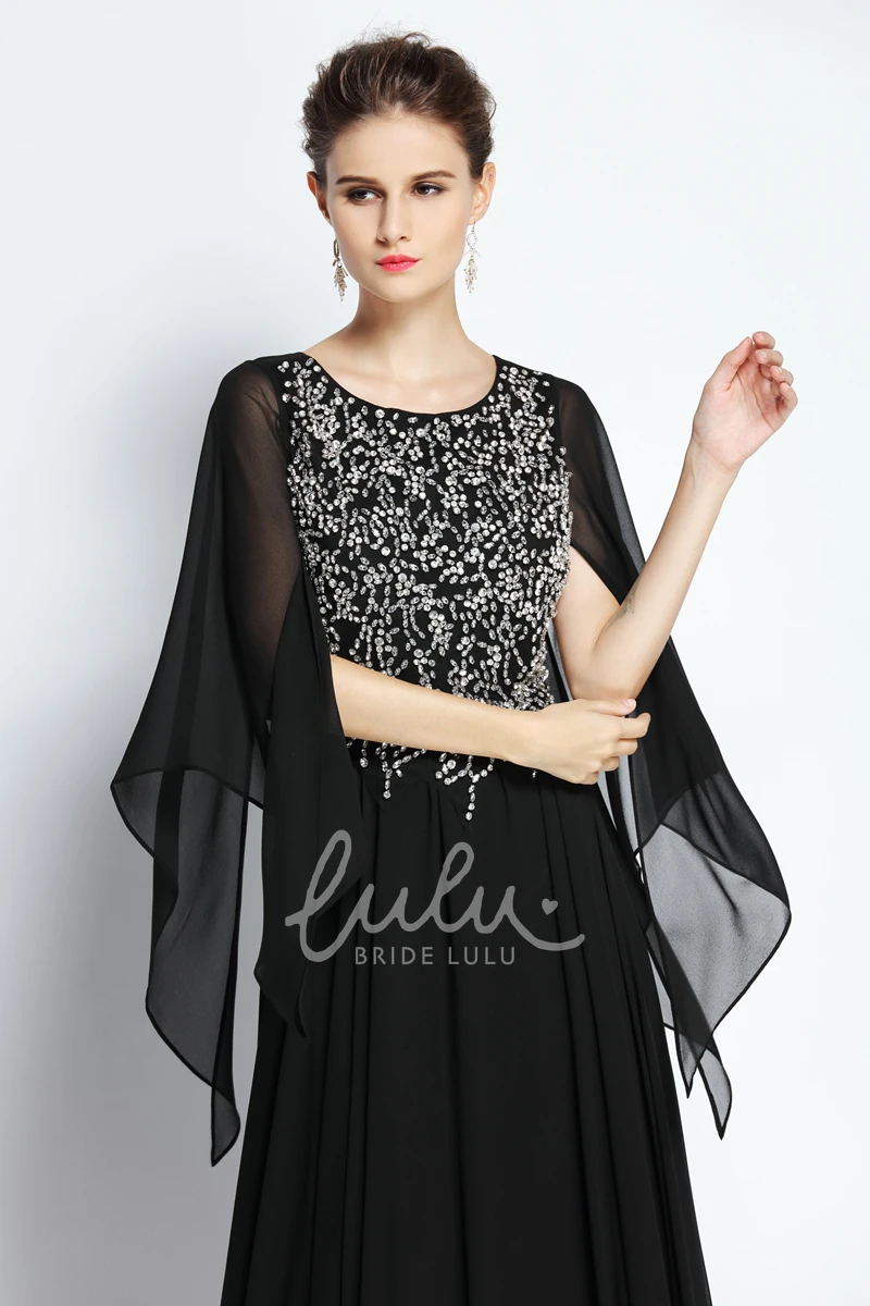 Chiffon Jewel Long Sleeve A-Line Prom Dress Beaded and Pleated Floor-length Dress