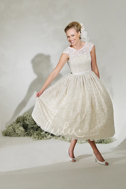 A-Line Cap Sleeve Lace Wedding Dress with Ribboned Scoop Neck Tea-Length