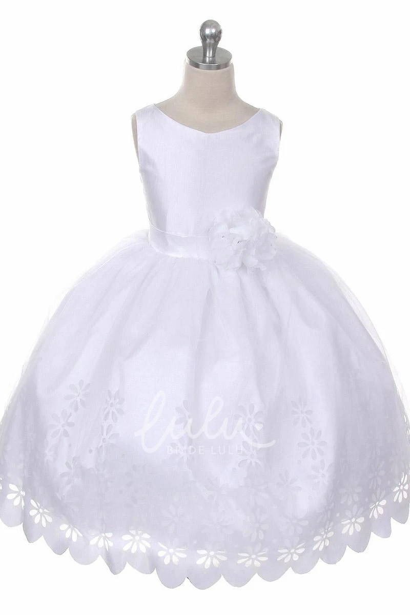 Floral Satin Tea-Length Flower Girl Dress Classy Bridesmaid Dress for Girls