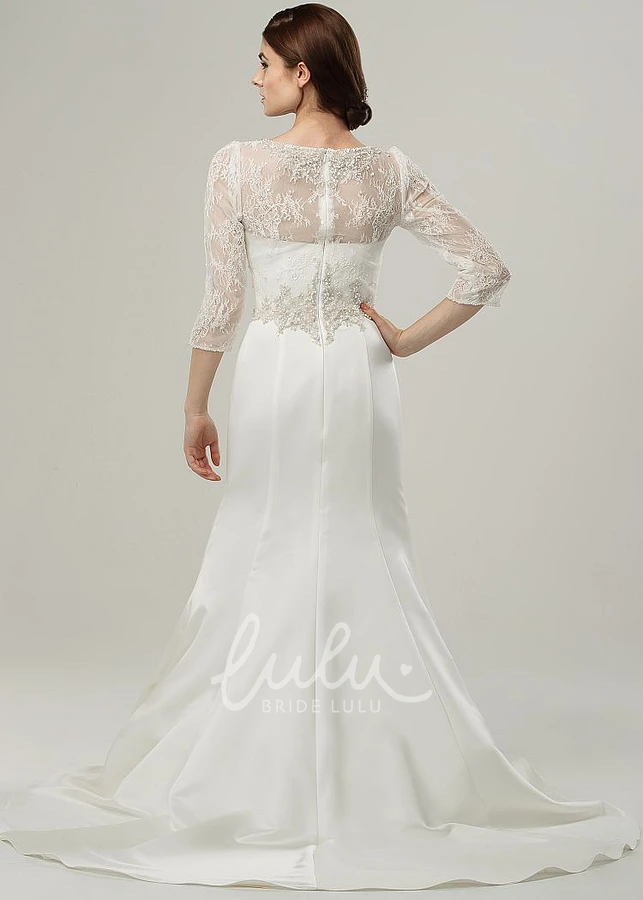 Satin Wedding Dress with Appliqued Scoop Neck & Sweep Train Maxi Length