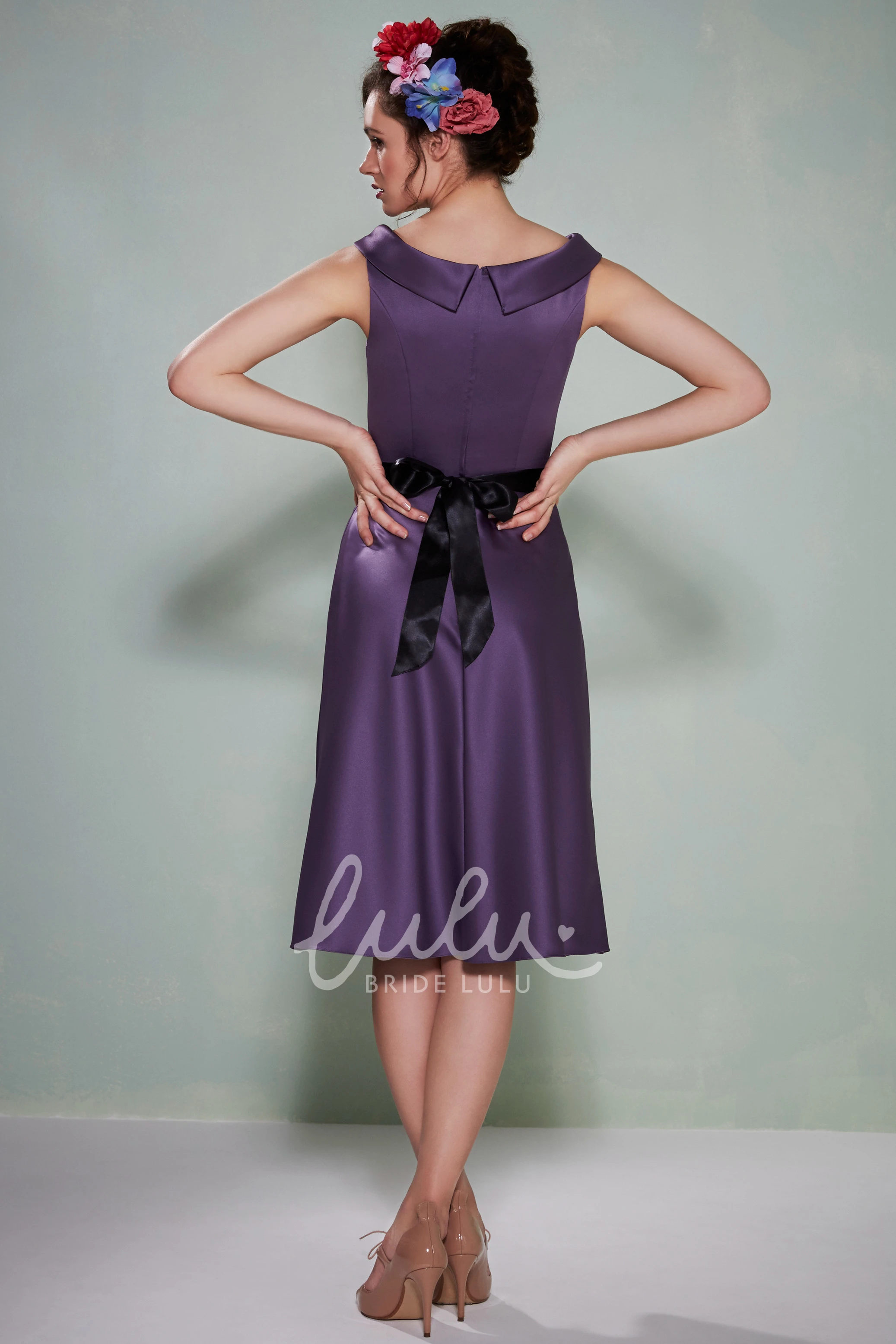Floral Satin Tea-Length Bridesmaid Dress with Sash Elegant Bridesmaid Dress