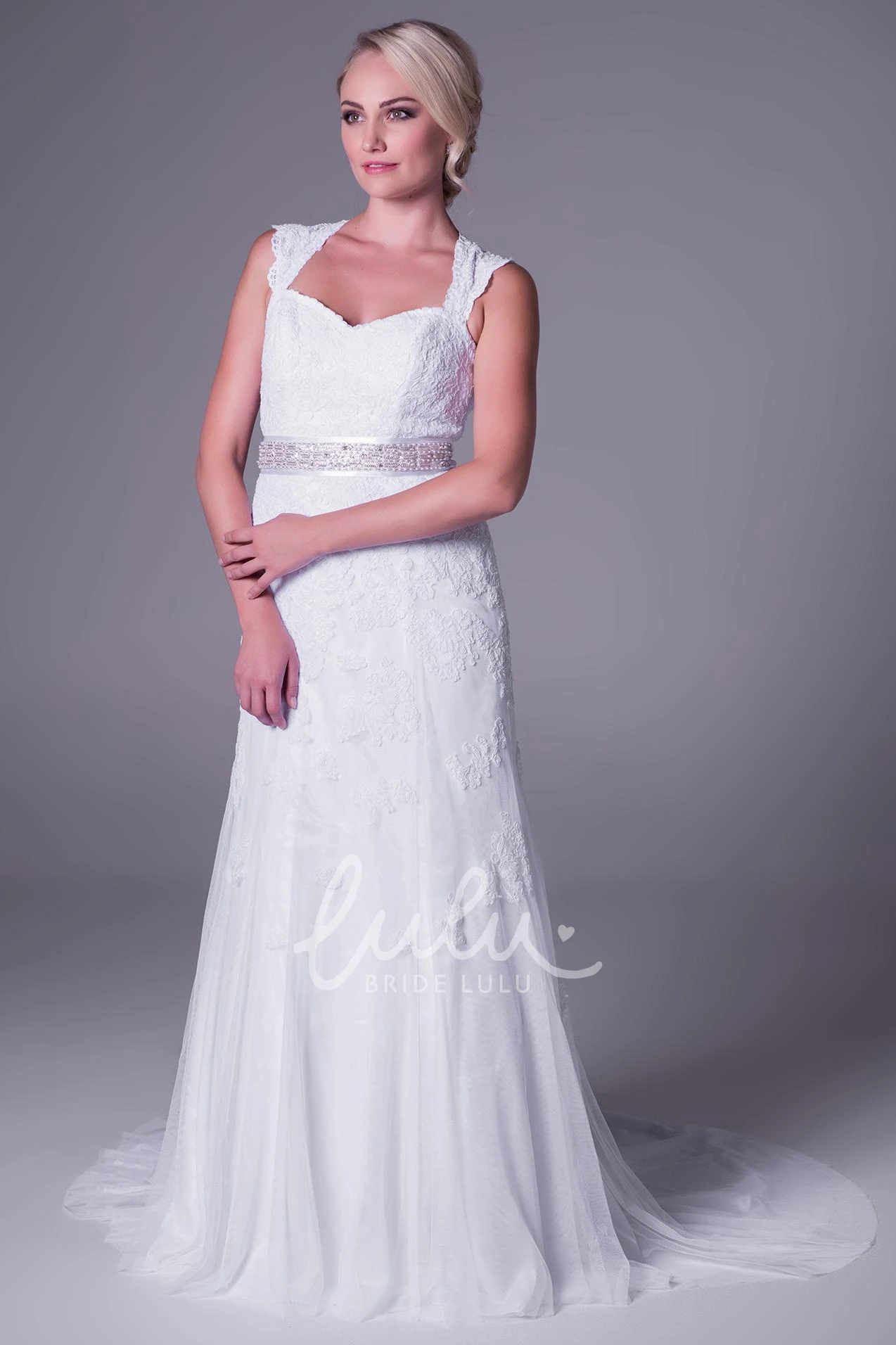 Lace Applique Queen Anne Wedding Dress Court Train Maxi Keyhole