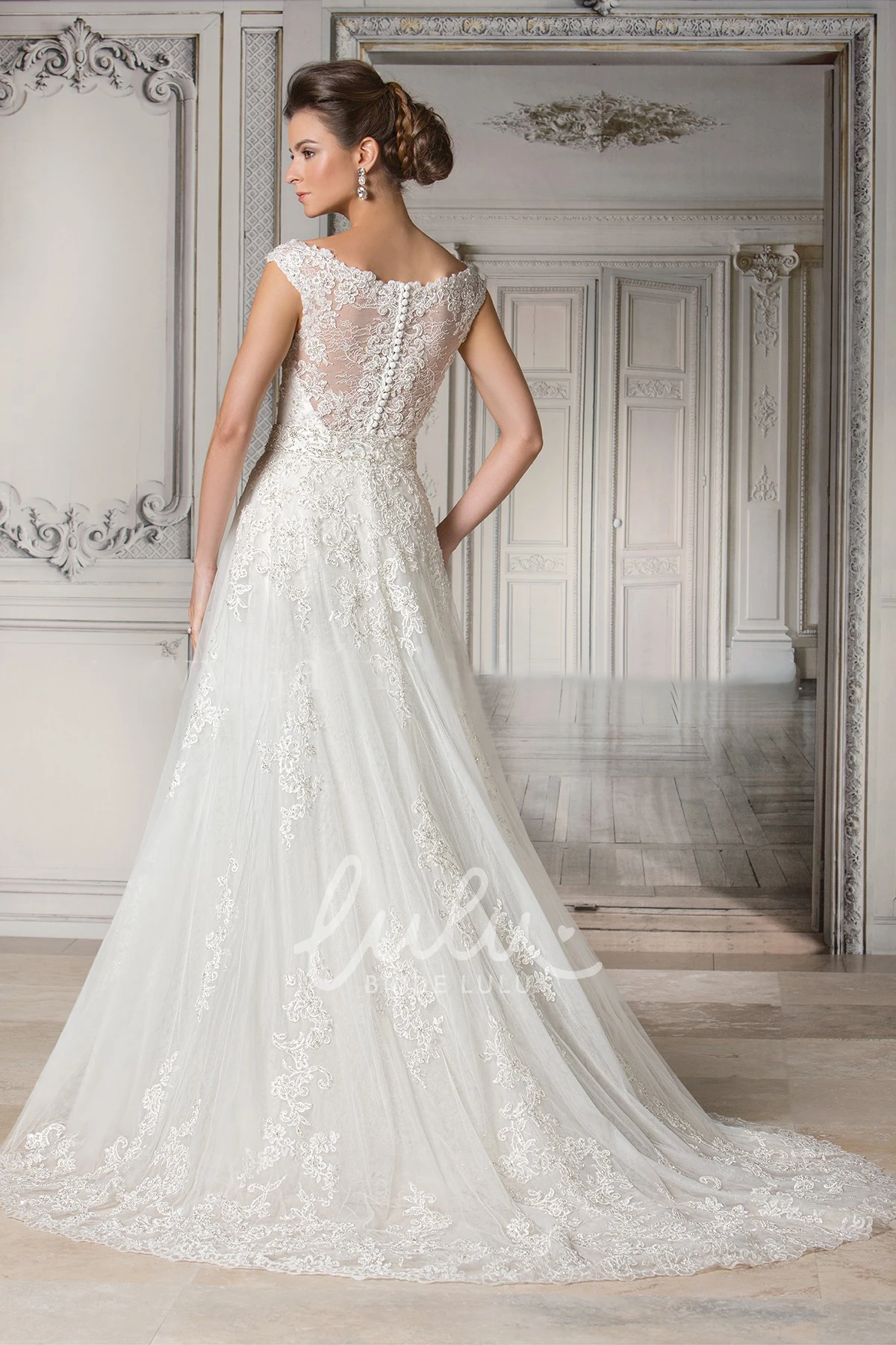 A-Line Gown with Appliques and Illusion Back Cap-Sleeved V-Neck Bridal Dress
