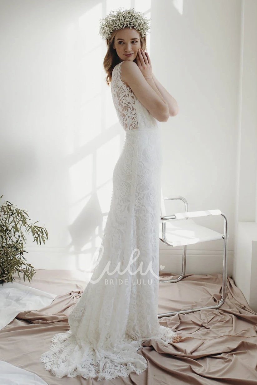 Lace Sheath Deep V-neck Wedding Dress with Cap Sleeves and Court Train