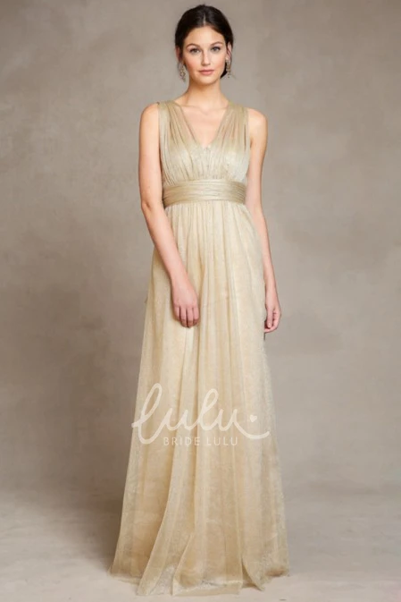 Empire V-Neck Tulle Bridesmaid Dress with Straps and Draping Sleeveless Bow Detail
