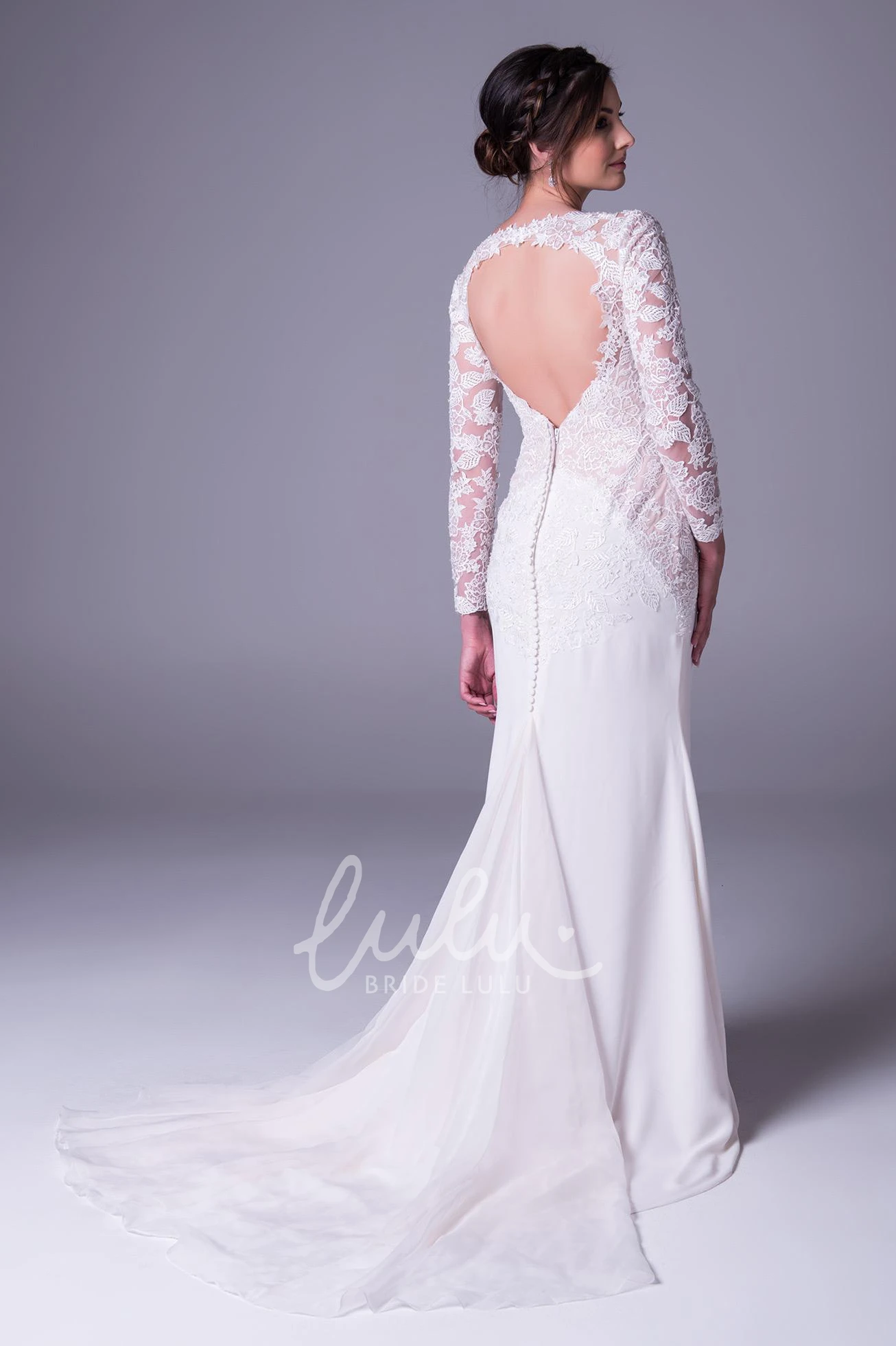 Lace&Chiffon Sheath Keyhole Wedding Dress with Long Sleeves
