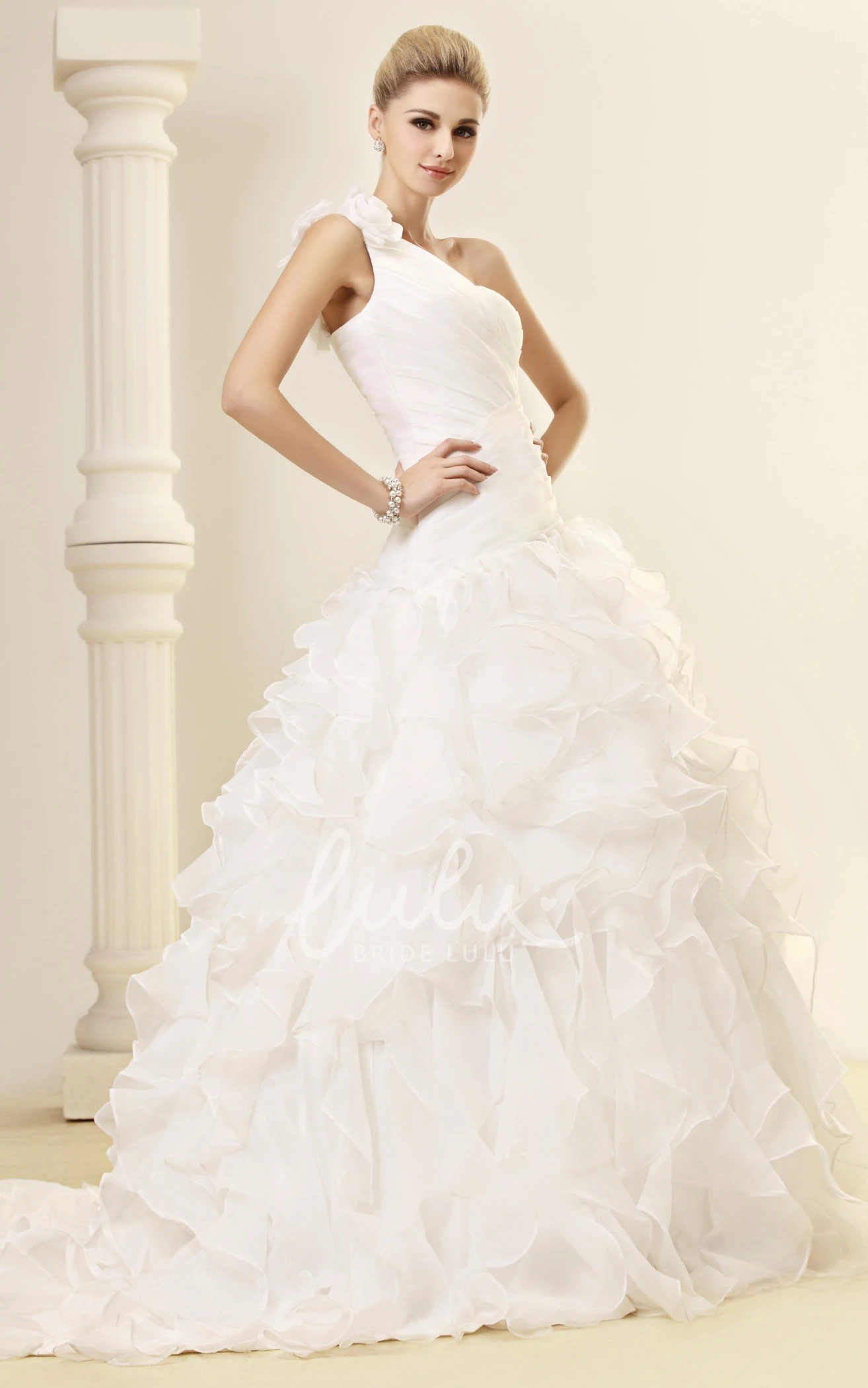 One-Shoulder A-Line Organza Wedding Dress With Ruffles and Criss-Cross Detail