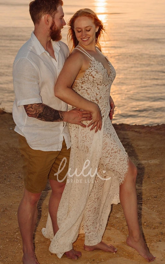 Casual Beach Garden Spaghetti V-neck Lace A-line Wedding Dress with Split Front Boho Wedding Dress