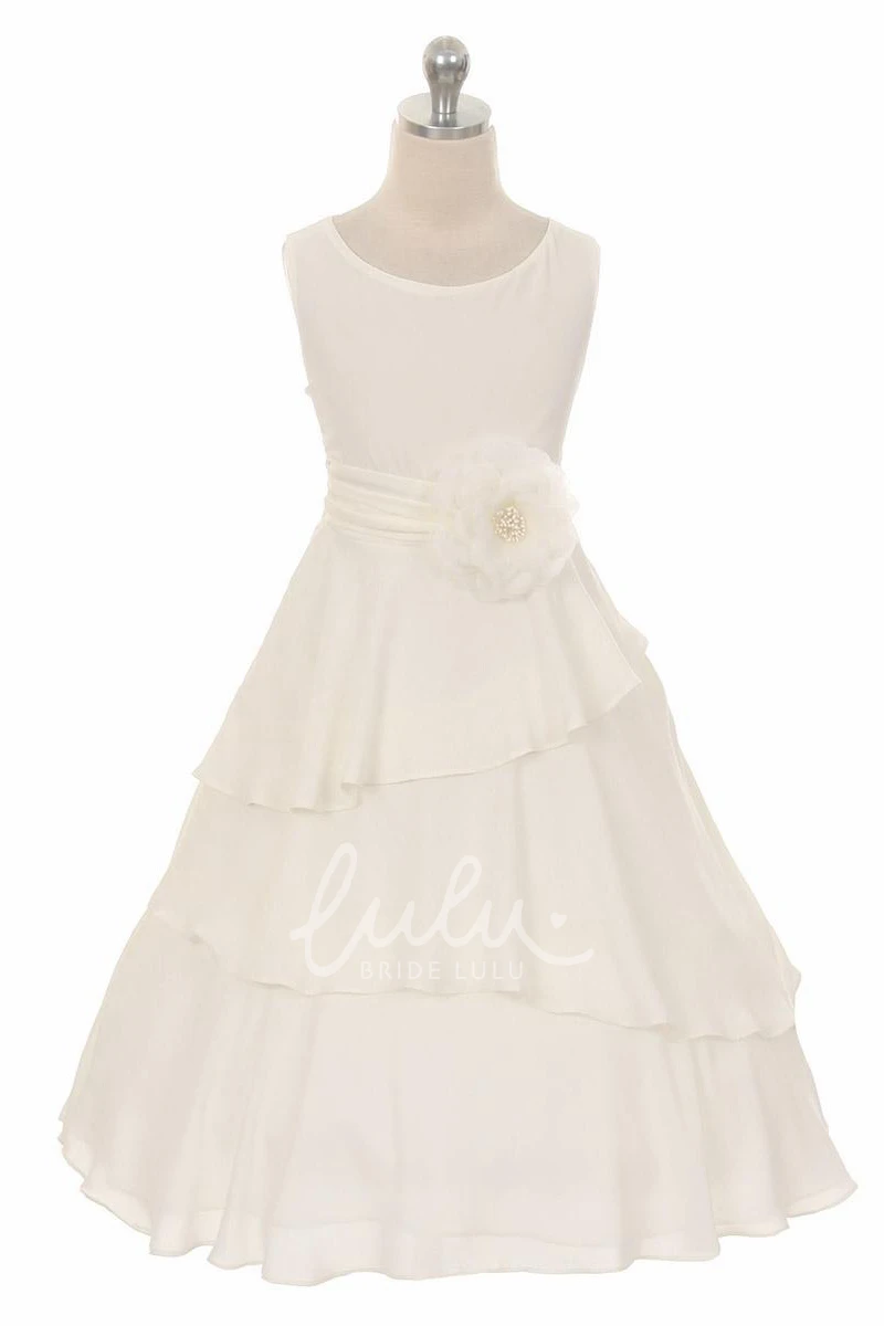 Ruched Chiffon Tea-Length Flower Girl Dress with Floral Print and Sash