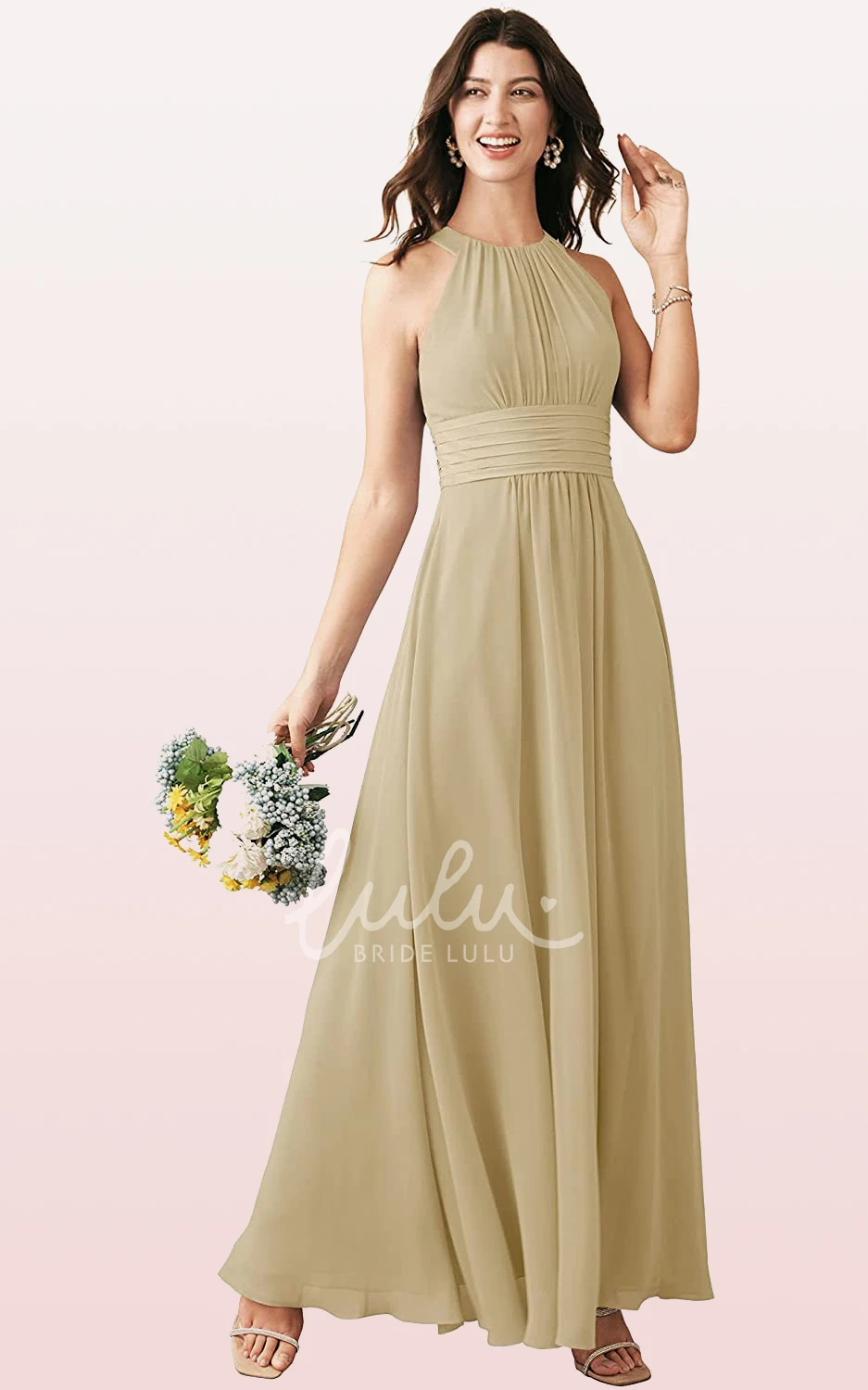 Halter Chiffon Ankle-Length A-Line Bridesmaid Dress with Ruching Boho & Beachy