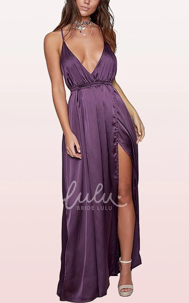 Romantic Satin V-neck A-line Guest Dress with Ruffles and Split Front Formal Dress