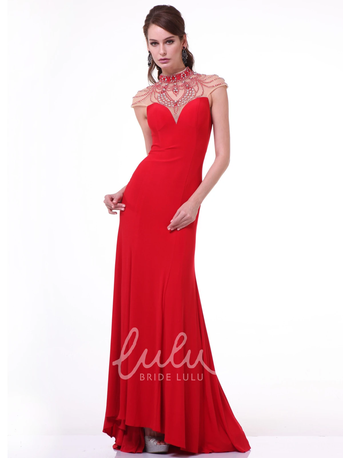 High Neck Cap-Sleeve Jersey Formal Dress With Crystal Detailing Sheath