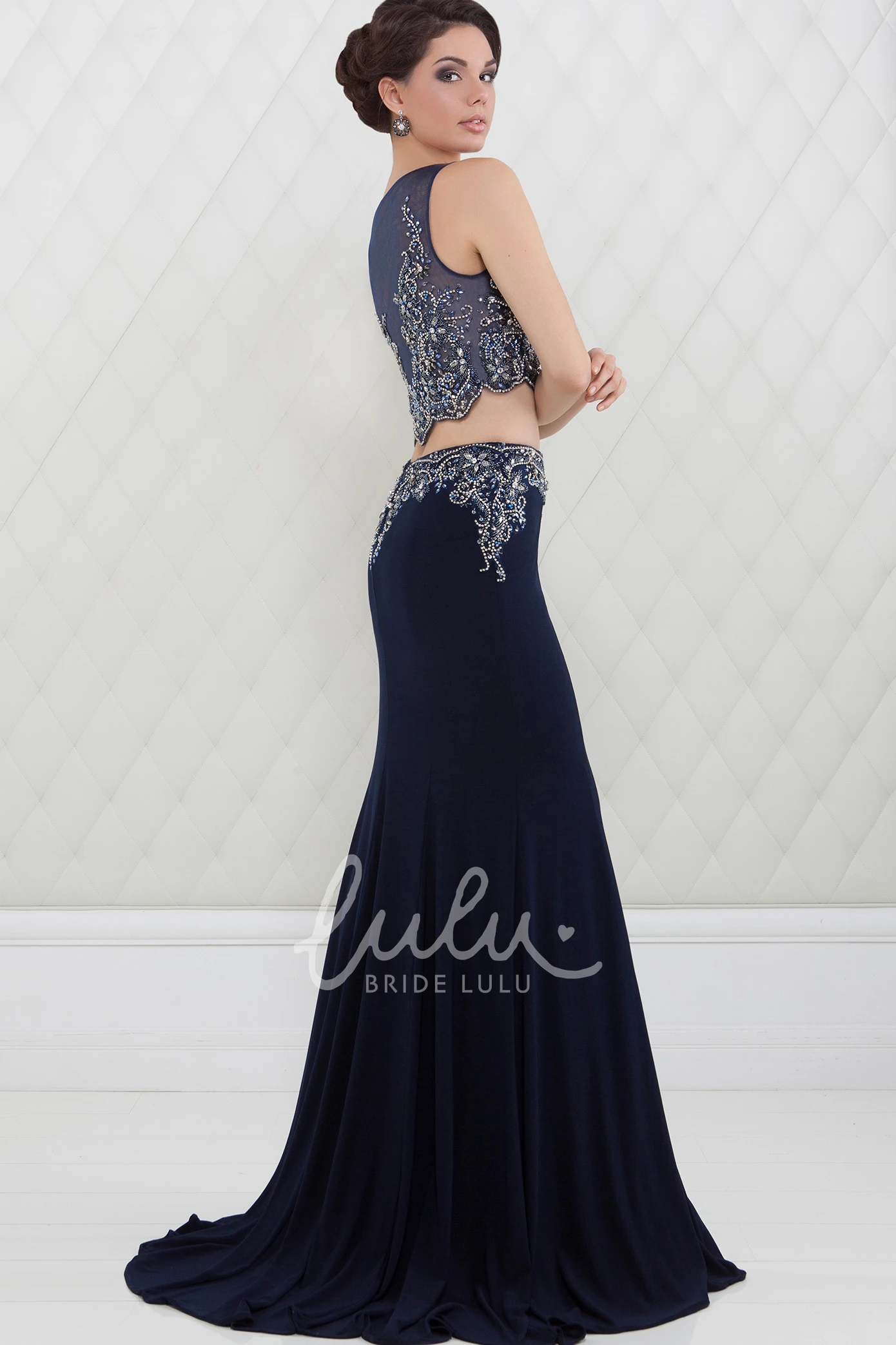 Sheath Scoop-Neck Sleeveless Beaded Floor-Length Jersey Prom Dress Flowy Beaded Sheath Prom Dress